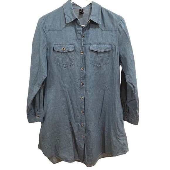 Sacred Threads Dress Womens S/M Chambray Button Up Shirt Hem Roll Tab Sleeves - Picture 1 of 8